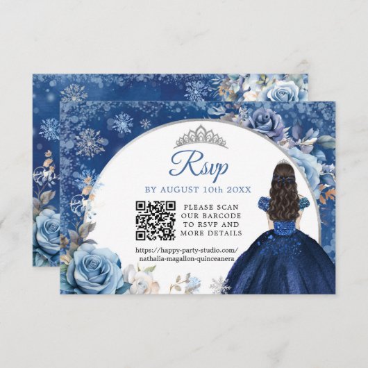 Marine Blauw Winter Sneeuwvlok Quinceanera QR Code RSVP Kaartje (Voorkant / Achterkant)