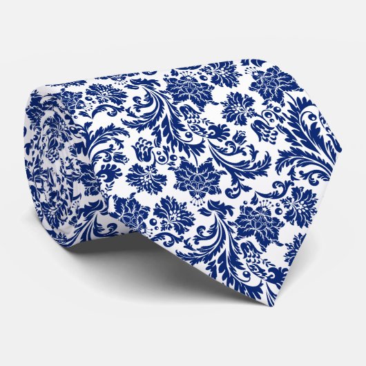 Marine Blauw & Wit Bloemen Damasks Patroon Stropdas (Opgerold)