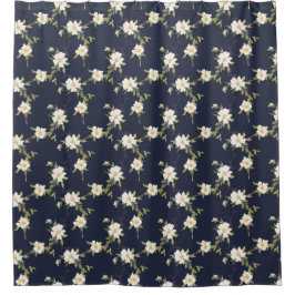 Marine Blauw Wit Bloemen Douchegordijn