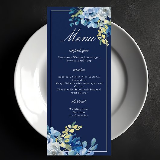 Marine Blauw Wit Bloemen Elegant Bruiloft Diner Me Menu