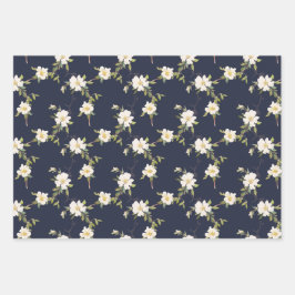 Marine Blauw Wit Bloemen Inpakpapier Vel