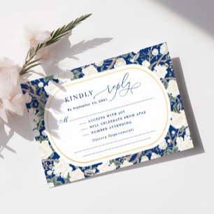 Marine Blauw Wit Chinoiserie Bloemen Huwelijk RSVP Kaart