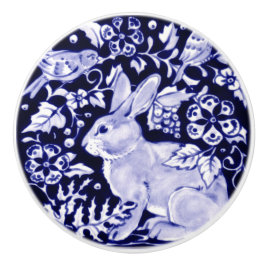 Marine Blauw Wit Konijn Vogel Bloemen Woodland Bun Keramische Knop