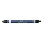 Marine Blauw Wit Lijnen Monogrammed Zwarte Inkt Pen (Voorkant)