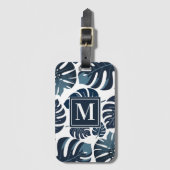 Marine Blauw & Wit Monstera Blad Monogram Bagagelabel (Voorkant (verticaal))