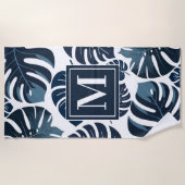 Marine Blauw & Wit Monstera Monogram Strandlaken (Voorkant)
