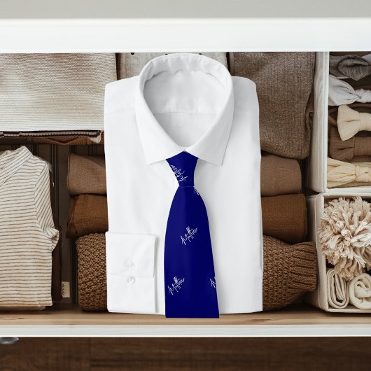 Marine blauw wit naampatroon modern script stropdas