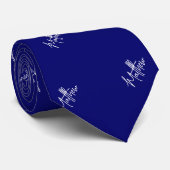 Marine blauw wit naampatroon modern script stropdas (Opgerold)