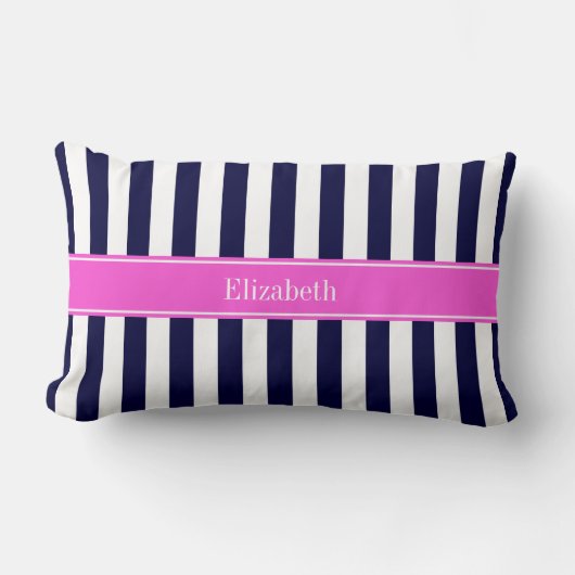 Marine Blauw Wit Streep Heet Roze Naam Monogram Kussen (Voorkant)