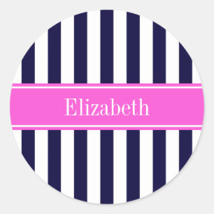 Marine Blauw Wit Streep Heet Roze Naam Monogram Ronde Sticker