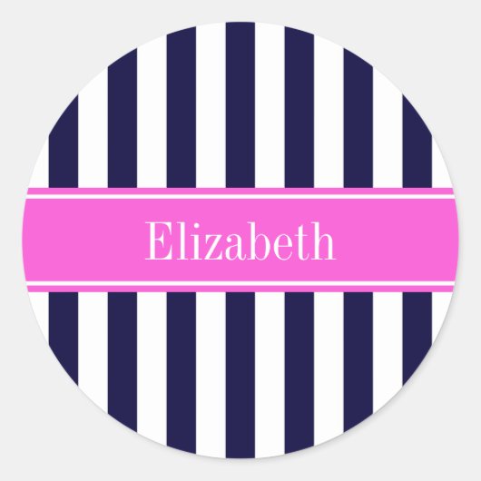 Marine Blauw Wit Streep Heet Roze Naam Monogram Ronde Sticker (Voorkant)