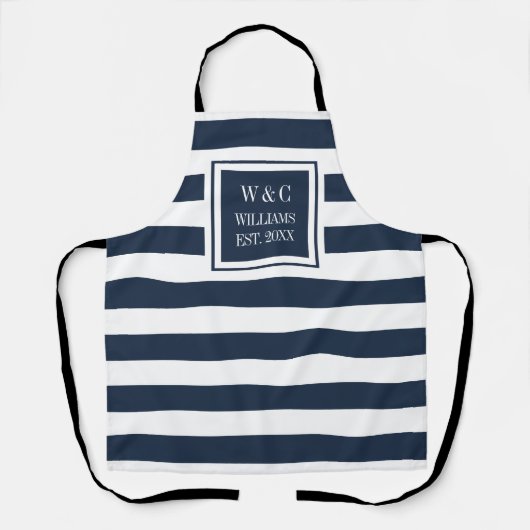 Marine Blauw Wit Streep Trendy Monogram Familienaa Schort (Voorkant)