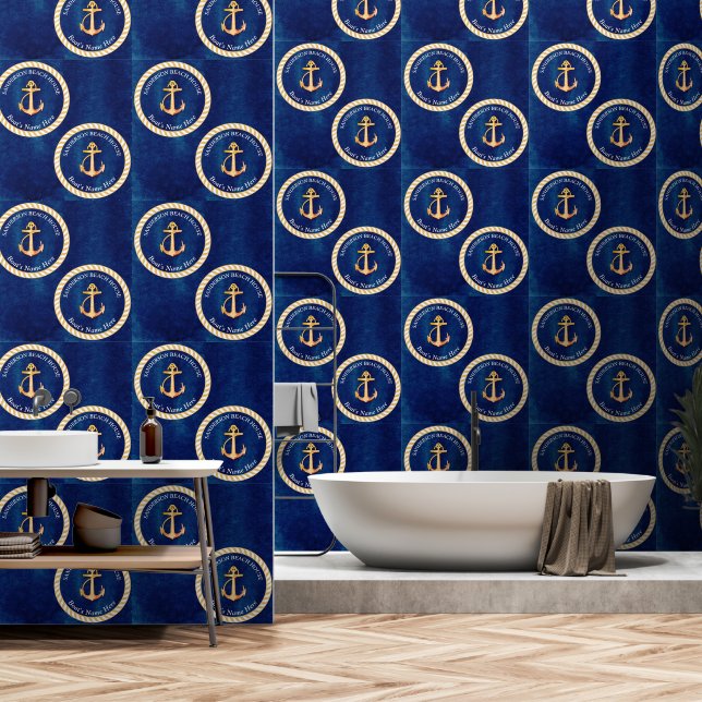 Marine Blauw Wit w / Gele Boot Anker Monogram Behang (Badkamer)