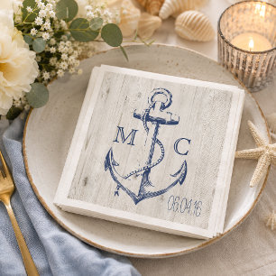 Marine-blauw Witte Anker Rustieke Houten Monogram Servet