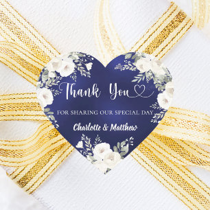 Marine blauw witte bloemen hart dank u bruiloft sticker