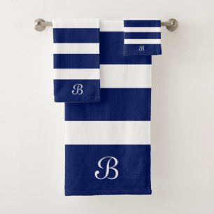 Marine-Blauw & Witte Strepen Monogram Bad Handdoek