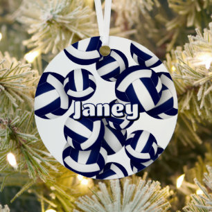 Marine Blauw Witte Volleyballen Atleet Naam Keepsa Metalen Ornament