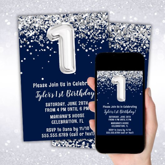 Marine Blauw Zilver 1e Verjaardagsfeest Kaart