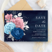 Marine Blauw Zilver Dusty Roze Bloemen Huwelijk Save The Date