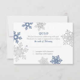 Marine Blauw Zilver Sneeuwvlok Winter Bruiloft RSV RSVP Kaartje