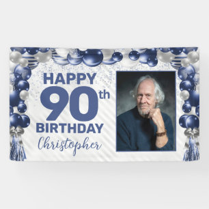 Marine Blauw Zilveren Ballon Foto 90e Verjaardag Spandoek