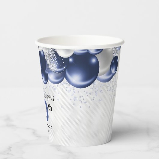 Marine Blauw Zilveren Ballon Glitter 70e Verjaarda Papieren Bekers (Achterkant)