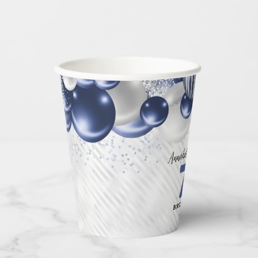 Marine Blauw Zilveren Ballon Glitter 70e Verjaarda Papieren Bekers (Voorkant)