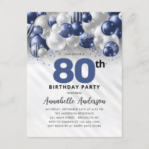 Marine Blauw Zilveren Ballon Glitter 80ste Verjaar Briefkaart