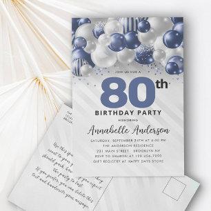 Marine Blauw Zilveren Ballon Glitter 80ste Verjaar Briefkaart