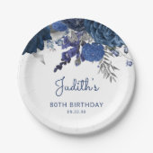 Marine Blauw Zilveren Bloemen 80ste Verjaardagsfee Papieren Bordje (Voorkant)