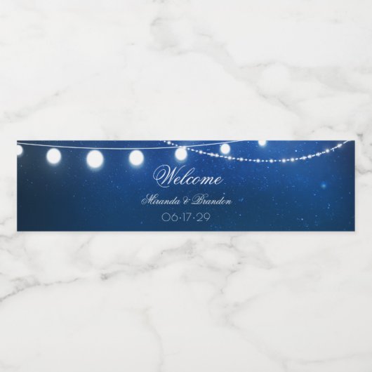 Marine Blauw & Zilveren String Lights Land Bruilof Waterfles Etiket (Enkel label)