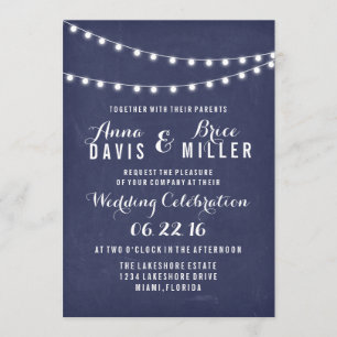 Marine Blauw Zomer String Licht Bruiloft Uitnodigi Kaart