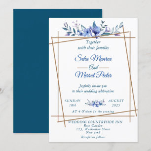Marine blauwe aquarel rustieke bloemen bruiloft kaart