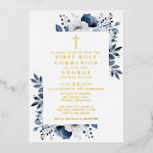 Marine Blauwe Bloemen Eerste Heilige Communie Goud Folie Uitnodiging (Voorkant)