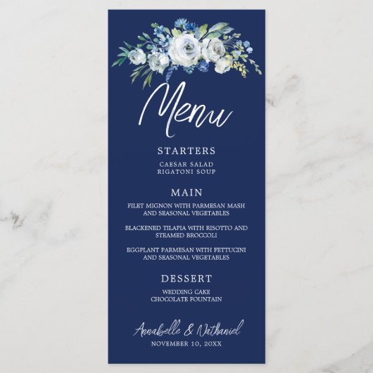 Marine Blauwe Bloemen Winter Trouwdiner Menu (Voorkant)