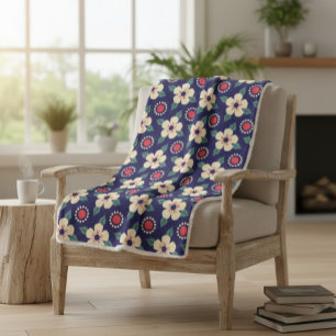 Marine Blauwe Deken met Crème Bloemen