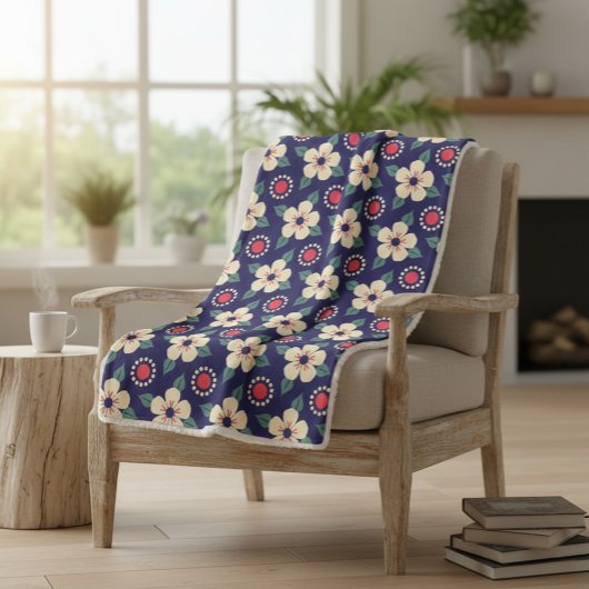 Marine Blauwe Deken met Crème Bloemen