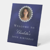 Marine blauwe diamanten foto verjaardagsfeestje we reclamebord met voetstuk (Voorkant)