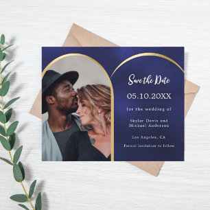 Marine blauwe foto boog bruiloft Save the Date kaa