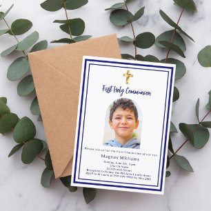Marine blauwe foto boogkruis Eerste Heilige Commun Kaart