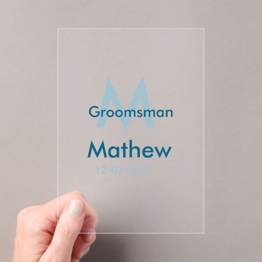 Marine blauwe groomsman naam letter datum mannelij acryl uitnodigingen (Insitu (Draagbaar))