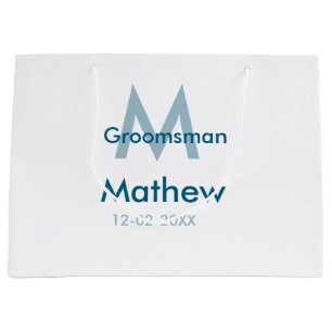 Marine blauwe groomsman naam letter datum mannelij groot cadeauzakje