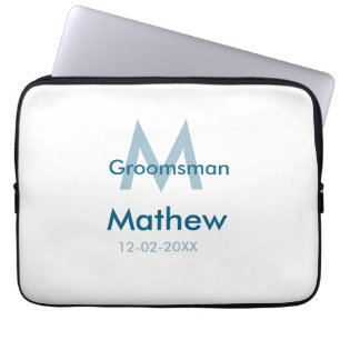 Marine blauwe groomsman naam letter datum mannelij laptop sleeve
