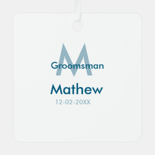 Marine blauwe groomsman naam letter datum mannelij metalen ornament
