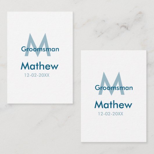 Marine blauwe groomsman naam letter datum mannelij notitiekaartje (Voorkant / Achterkant)