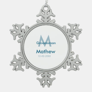 Marine blauwe groomsman naam letter datum mannelij tin sneeuwvlok ornament