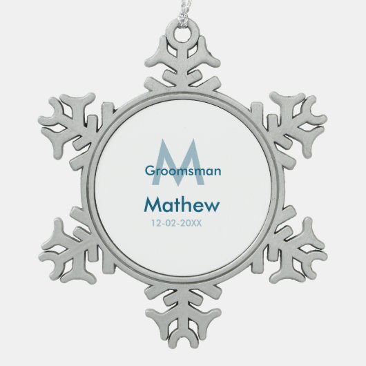 Marine blauwe groomsman naam letter datum mannelij tin sneeuwvlok ornament (Voorkant)