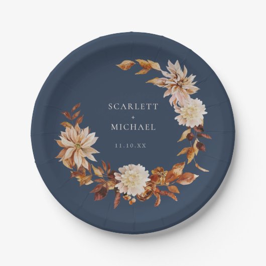 Marine Blauwe Herfst bruiloft Papieren Bordje (Voorkant)