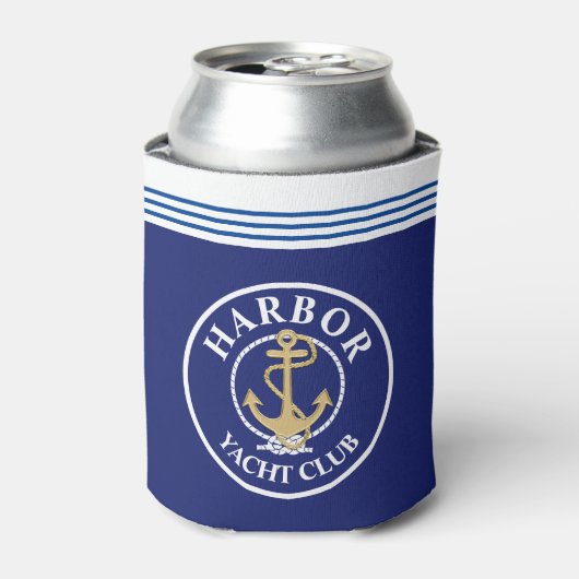 Marine blauwe nautische geborduurde fleskoeler blikjeskoeler (Blikje Voorkant)
