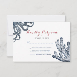 Marine Blauwe Octopus Koraal Nautisch Strand Weddi RSVP Kaartje